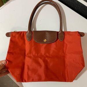 Longchamp Vibrant Orange Nylon Tote with Brown Leather Trim